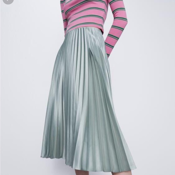 Zara Dresses & Skirts - Zara Midi Metallic Sea Foam Blue Green Satin Silky Flowy Pleated Skirt Lux Feel